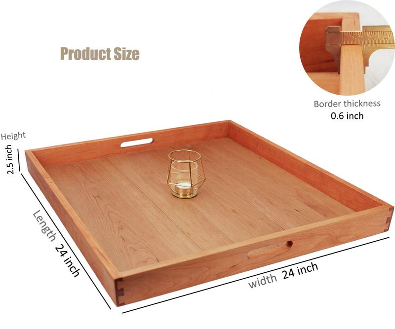 MAGIGO 24 x 24 Inches Large Square Cherry Wood Ottoman Tray with Handles, Serve Tea, Coffee or Breakfast in Bed, Classic Wooden Decorative Tray - Image 2