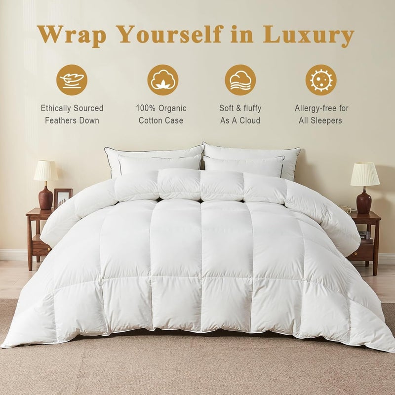 TOPGREEN 100% Organic Feather Down Comforter Full/Queen Size, Luxury Extra-Fluffy Duvet Insert, All Season Bed Comforter with Ultra-Soft Organic Cotton Case (90x90 Inch, Ivory White) - Image 2