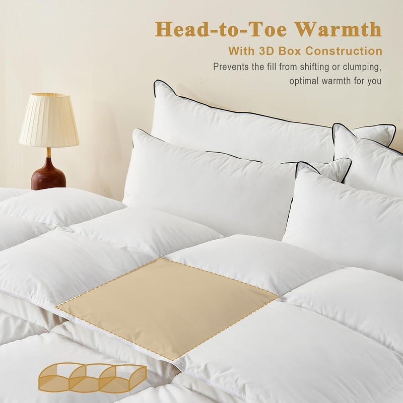 TOPGREEN 100% Organic Feather Down Comforter Full/Queen Size, Luxury Extra-Fluffy Duvet Insert, All Season Bed Comforter with Ultra-Soft Organic Cotton Case (90x90 Inch, Ivory White) - Image 4