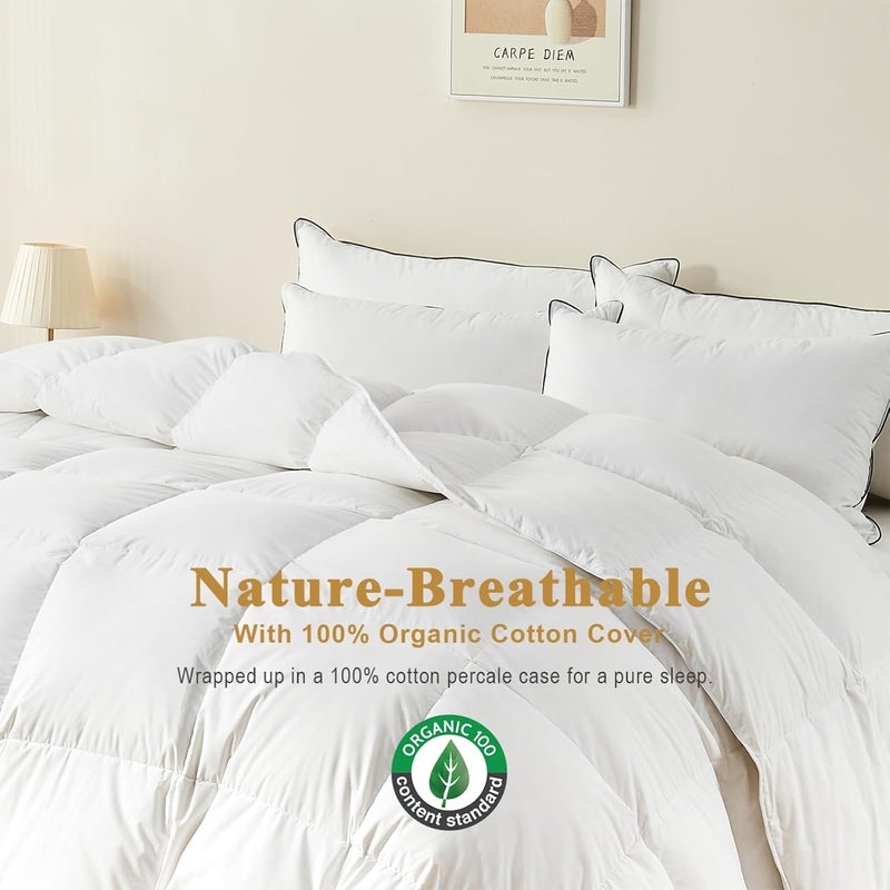 TOPGREEN 100% Organic Feather Down Comforter Full/Queen Size, Luxury Extra-Fluffy Duvet Insert, All Season Bed Comforter with Ultra-Soft Organic Cotton Case (90x90 Inch, Ivory White) - Image 3