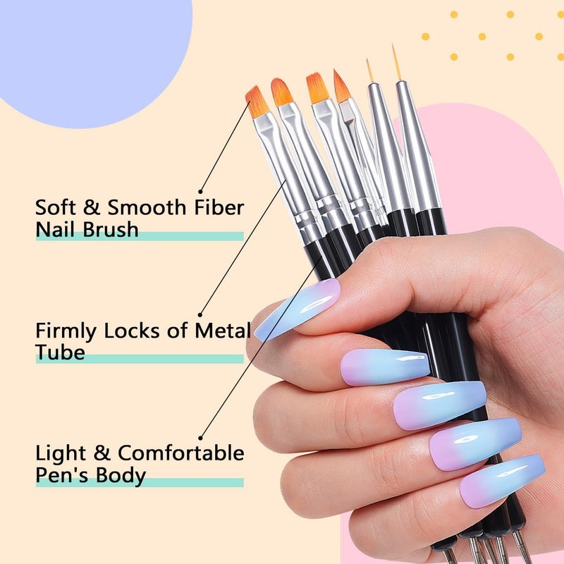 AIMEILI 6pcs Nail Art Brushes, Gel Nail Polish Nail Art Design Painting Tools Set with Double Ended Nail Brushes, Nail Extension Gel Brush, Nail Drill Drawing Brush Pen - Image 4