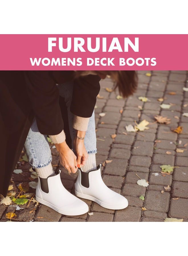 Furuian Women's Deck Boots Ankle Rain Boots Fishing Boots Rubber Waterproof Slip-Resistant Outdoor Work Shoes, White, 8 - Image 4