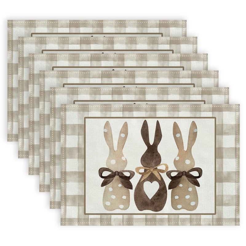 ARKENY Easter Placemats 12x18 Inches Set of 6, Bunny Rabbit Seasonal Farmhouse Burlap Beige Check Indoor Kitchen Dining Table Decorations for Home Party AP245-6 - Image 1