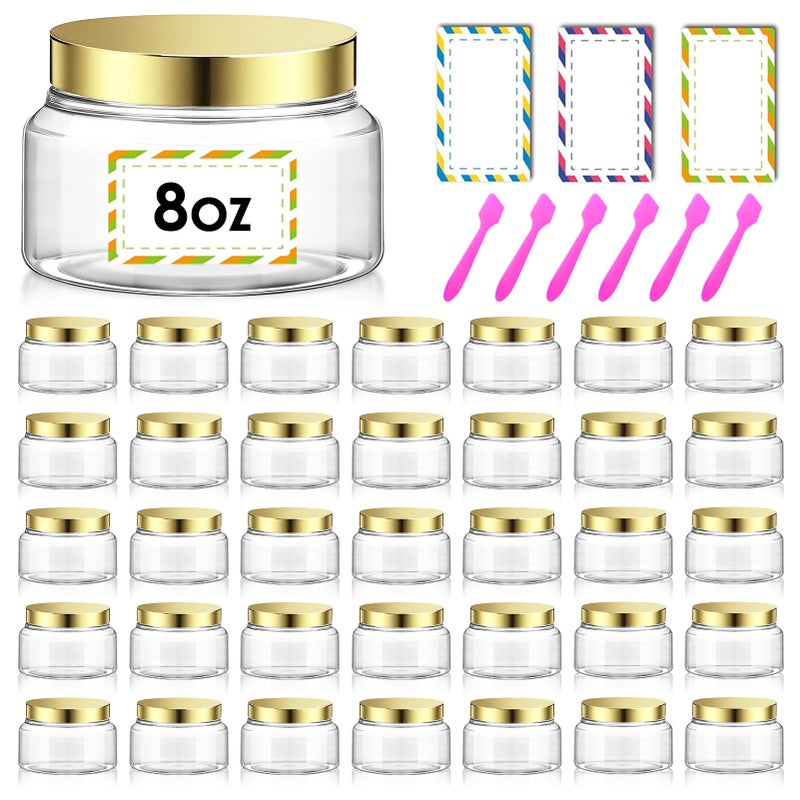 AMORIX 36 Pack 8 oz Plastic Cosmetic Containers With Lids Refillable Clear Empty Travel Jars Containers for Body Butter,Sugar Scrubs,Cream,Lotions,Candy, Waterproof Label&Spatulas - (Gold) - Image 1