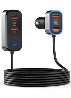 شاحن سيارة متعدد المنافذ، شاحن سيارة USB C بستة منافذ، مخرج 75.5 وات، شحن سريع عام لأجهزة متعددة، شاحن USB مع كابل بطول 5 أقدام متوافق مع iPhone 14/Samsung/iPad Pro