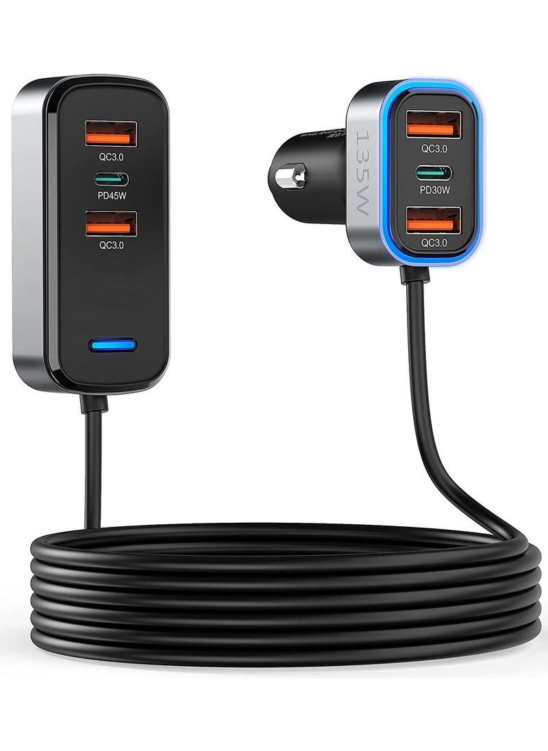 Generic - شاحن سيارة متعدد المنافذ، شاحن سيارة USB C بستة منافذ، مخرج 75.5 وات، شحن سريع عام لأجهزة متعددة، شاحن USB مع كابل بطول 5 أقدام متوافق مع iPhone 14/Samsung/iPad Pro - Image 1