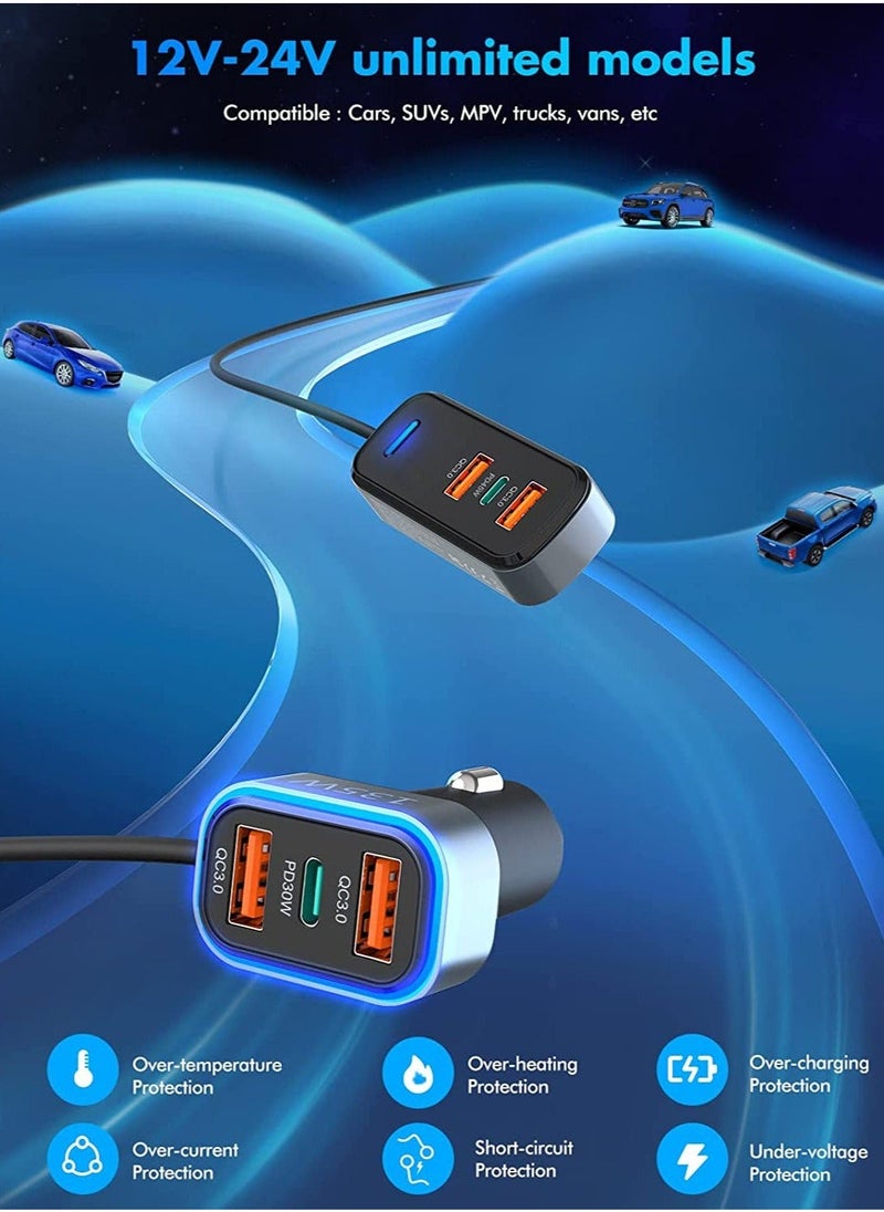 Generic - شاحن سيارة متعدد المنافذ، شاحن سيارة USB C بستة منافذ، مخرج 75.5 وات، شحن سريع عام لأجهزة متعددة، شاحن USB مع كابل بطول 5 أقدام متوافق مع iPhone 14/Samsung/iPad Pro - Image 1