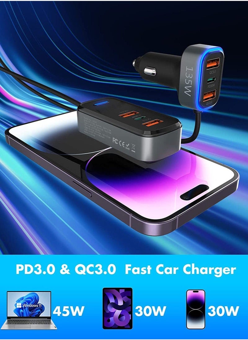 Generic - شاحن سيارة متعدد المنافذ، شاحن سيارة USB C بستة منافذ، مخرج 75.5 وات، شحن سريع عام لأجهزة متعددة، شاحن USB مع كابل بطول 5 أقدام متوافق مع iPhone 14/Samsung/iPad Pro - Image 1