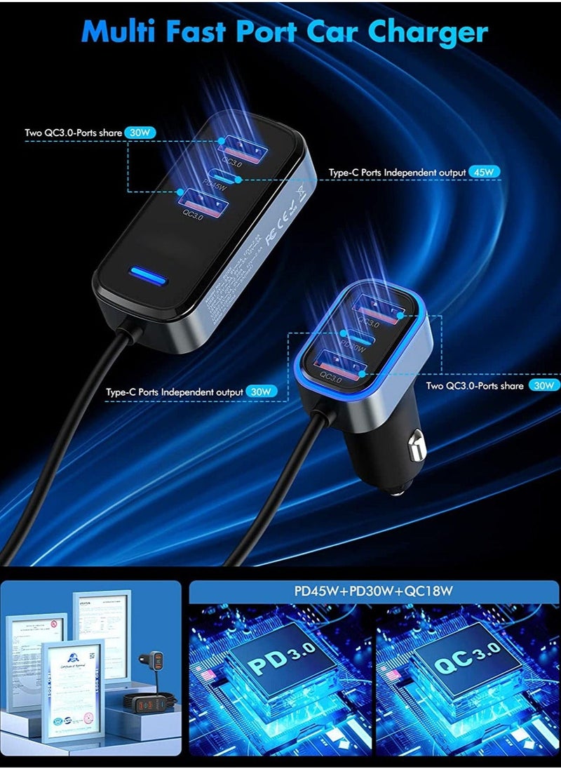 Generic - شاحن سيارة متعدد المنافذ، شاحن سيارة USB C بستة منافذ، مخرج 75.5 وات، شحن سريع عام لأجهزة متعددة، شاحن USB مع كابل بطول 5 أقدام متوافق مع iPhone 14/Samsung/iPad Pro - Image 1
