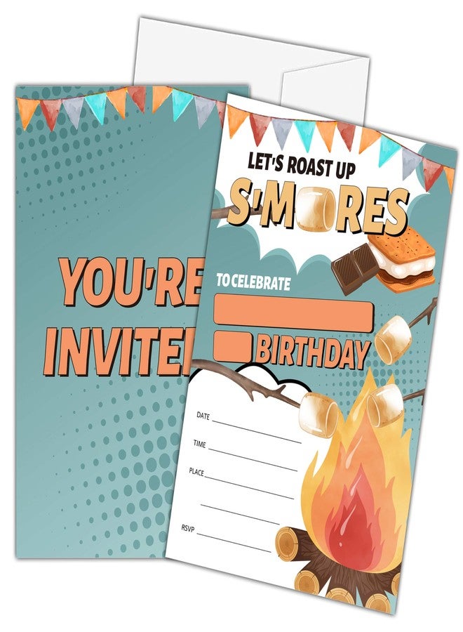 Zmyollo S'mores Birthday Invitations - 20PCS Modern Letter Print Campfire Theme Invitations for Unisex Kids - 4x6 inches - Image 1