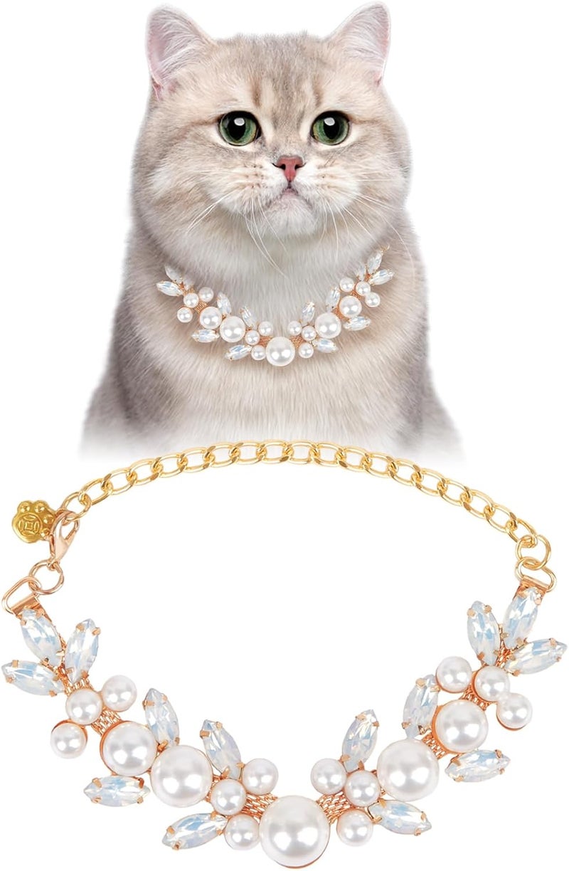 HOWWFALY Dog Cat Rhinestone Collars with Paw Crystal Diamonds Gold Collars Necklace Adjustable Collar Dog Chain Cat Diamonds Princess Pet Collar (White, S) - Image 1