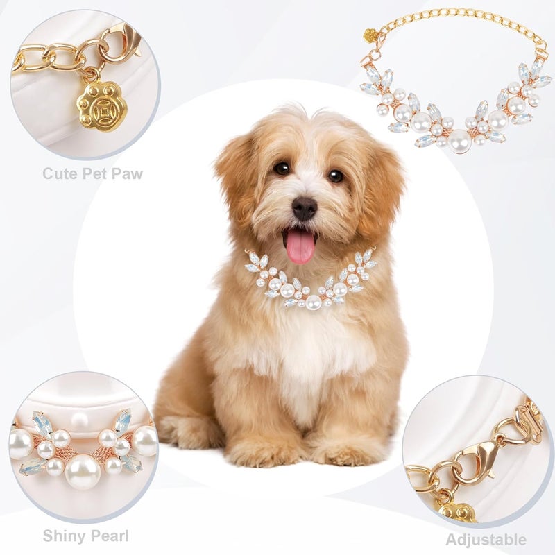 HOWWFALY Dog Cat Rhinestone Collars with Paw Crystal Diamonds Gold Collars Necklace Adjustable Collar Dog Chain Cat Diamonds Princess Pet Collar (White, S) - Image 4