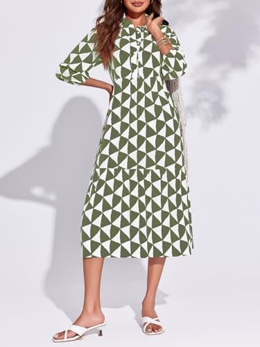 Wenrine Womens Boho Midi Dress Long Sleeve Casual Color Block Beach Button Down Shirt Dress Army Green - Image 2