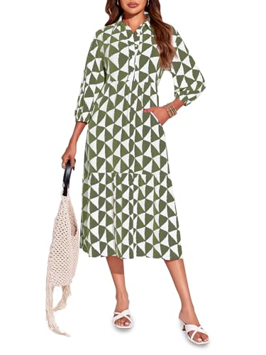 Wenrine Womens Boho Midi Dress Long Sleeve Casual Color Block Beach Button Down Shirt Dress Army Green - Image 1