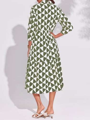 Wenrine Womens Boho Midi Dress Long Sleeve Casual Color Block Beach Button Down Shirt Dress Army Green - Image 3