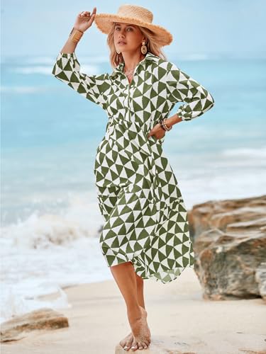 Wenrine Womens Boho Midi Dress Long Sleeve Casual Color Block Beach Button Down Shirt Dress Army Green - Image 4