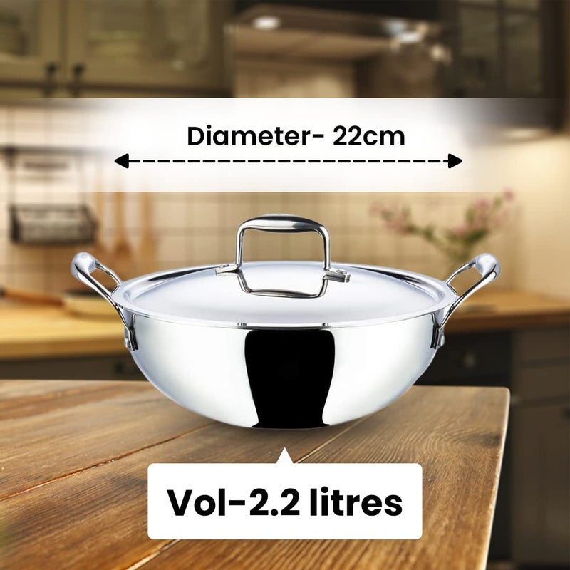 Kuber Industries Kuber Industries Stainless Steel Kadhai with lid & Set of 3 Stainless Steel Kitchen Containers Set I Tri-ply Kadai Induction Base I Kadai 2.2 litres & 3 Assorted Storage Canisters  - Image 3