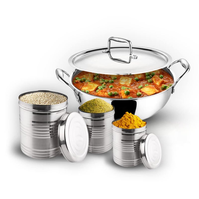 Kuber Industries Kuber Industries Stainless Steel Kadhai with lid & Set of 3 Stainless Steel Kitchen Containers Set I Tri-ply Kadai Induction Base I Kadai 2.2 litres & 3 Assorted Storage Canisters  - Image 1