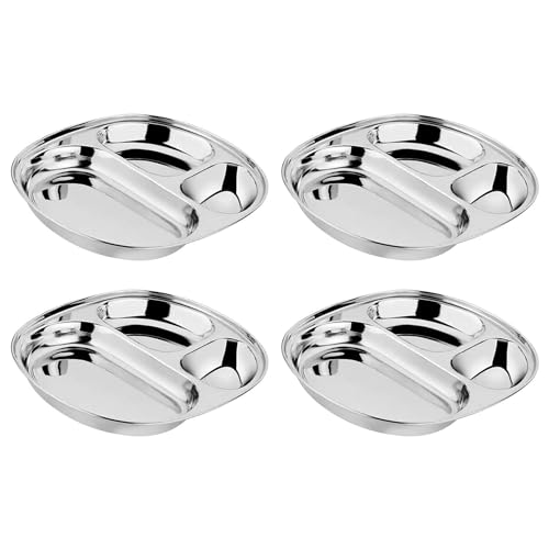 Ahimsa Stainless Steel Plates for Kids Divided Plates for Toddlers Pediatrician Designed Non Toxic Toddler Plate Camping Plate BPA Free Dishwasher Safe Set of 4