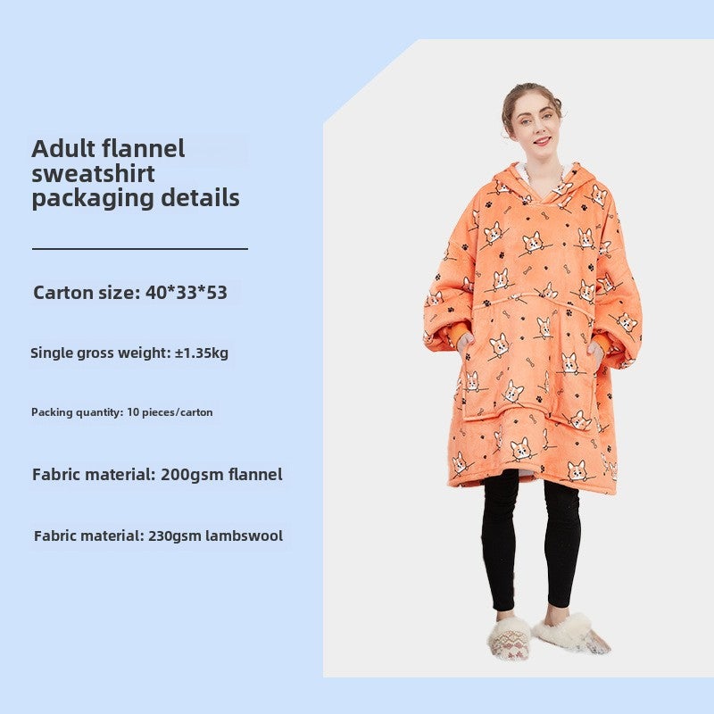 Oversized Hoodie Blanket Flannel Couples Loungewear Orange Bottom Dog-Adult Double Layer 