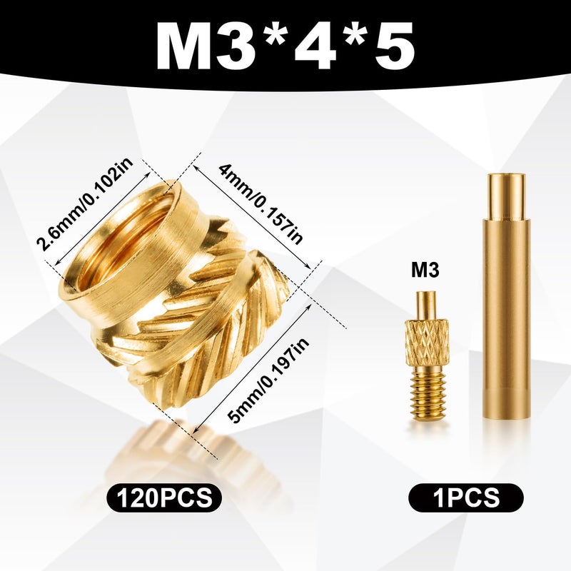 PEUTIER 120pcs 3D Printing Brass Nuts, M3x4x5mm Threaded Inserts with Heat Set Insert Tip and Solder Adapter - Image 2