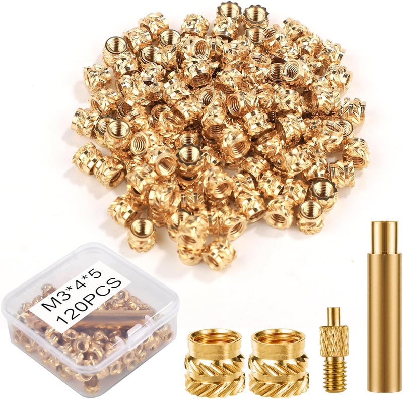 PEUTIER 120pcs 3D Printing Brass Nuts, M3x4x5mm Threaded Inserts with Heat Set Insert Tip and Solder Adapter - Image 1