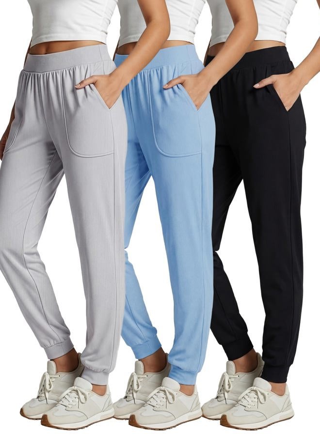 REALESSENTIALS 3 Pack: Women's Ribbed Lounge Jogger Cuffed Yoga SweatpantsPockets (Available in Plus), Set 2, M - Image 1