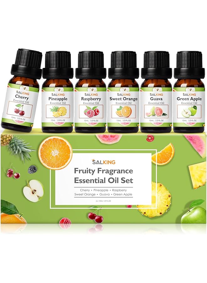 erorex Fruity Essential Oils Set 6 X 10Ml Essential Oil Gift Set Fragrance Scented Oils For Diffuser Candle Making Pineapple Guava Raspberry Green Apple Orange Cherry - Image 1