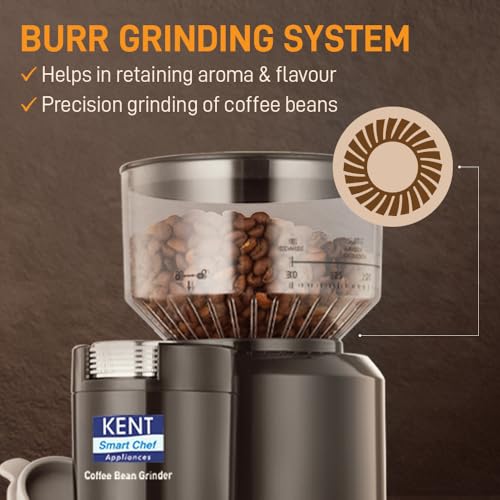 KENT Plastic Coffee Bean Grinder 150 W,Burr Grinding System Maintains Flavour & Aroma,30 Adjustable Grinding Settings,Choice of 2 to 14 Cups of Fresh Grounded Coffee,500 RPM 100% Copper Motor,Black - Image 5