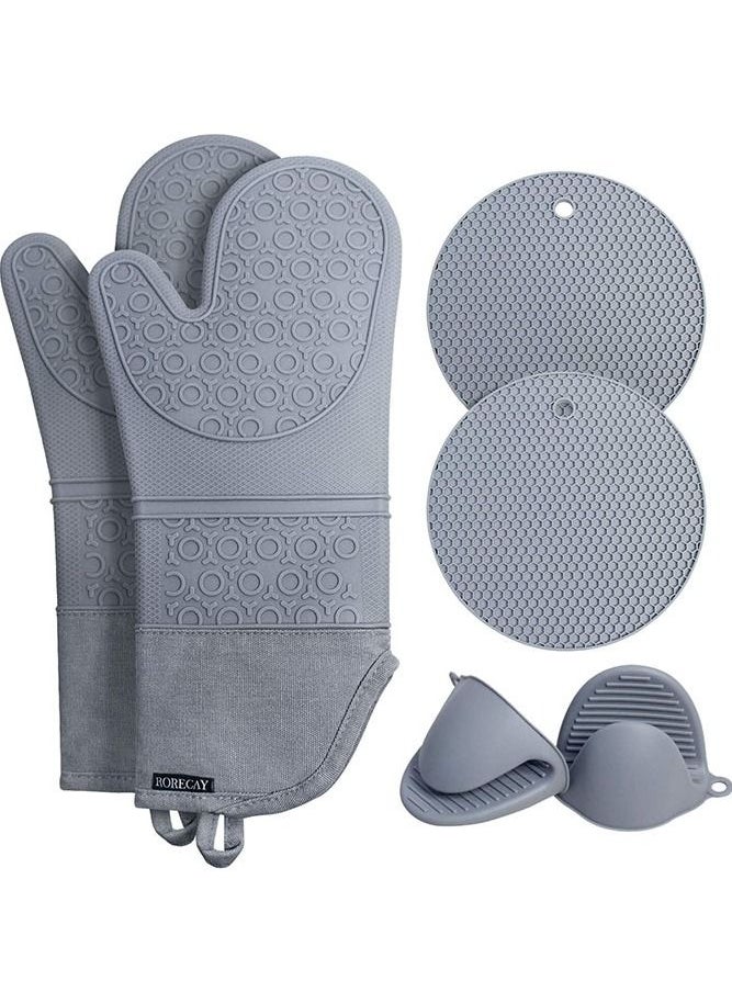 Generic Extra Long Oven Mitts and Pot Holders Sets: Heat Resistant Silicone Oven Mittens with Mini Oven Gloves and Hot Pads Potholders for Kitchen Baking Cooking, Quilted Liner, Gray, Pack of 6  - Image 1