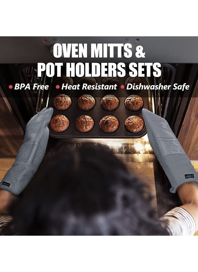 Generic Extra Long Oven Mitts and Pot Holders Sets: Heat Resistant Silicone Oven Mittens with Mini Oven Gloves and Hot Pads Potholders for Kitchen Baking Cooking, Quilted Liner, Gray, Pack of 6  - Image 3