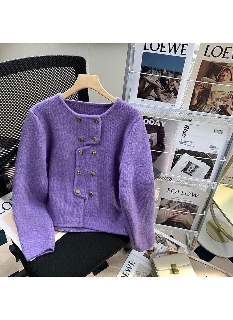 Generic - Irregular Design Double Row Buckle Red Wool Coat Women Small Size Loose Knitted Shirt Top Urban Style Long Sleeve Purple [thick version] - Image 1