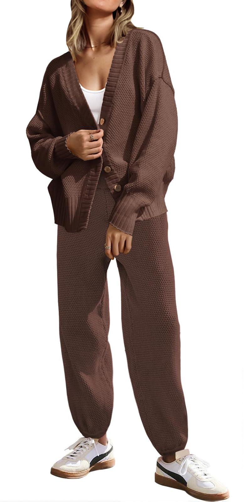 SAUKOLE 2 Piece Outfits for Women Loose Knit Cardigan and Baggy Pants Lounge Sweater Sets Fashion Sweatsuit Matching Set - Image 1