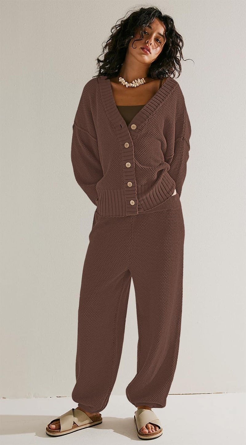 SAUKOLE 2 Piece Outfits for Women Loose Knit Cardigan and Baggy Pants Lounge Sweater Sets Fashion Sweatsuit Matching Set - Image 3