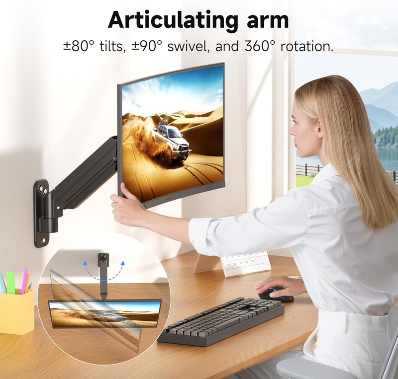 سوبتيكس حامل شاشة سوبتيك للجدار مقاس 13-32 بوصة للشاشات LED/LCD/TV حتى 9 كجم، حامل شاشة مع زنبرك غاز قابل للتعديل بالكامل، قابل لتعديل الارتفاع، والميل، والدوران، والاستدارة، VESA 75/100، WM011 - Image 5