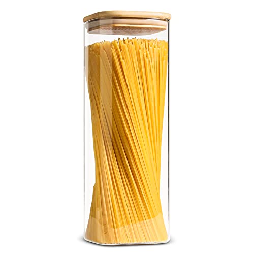 ComSaf Glass Spaghetti Pasta Storage Containers with Lid71oz Tall Clear Airtight Food Storage Jar with Bamboo Lid for Noodles Flour Cereal Sugar Beans Sqaure Spaghetti Pantry Container - Image 1