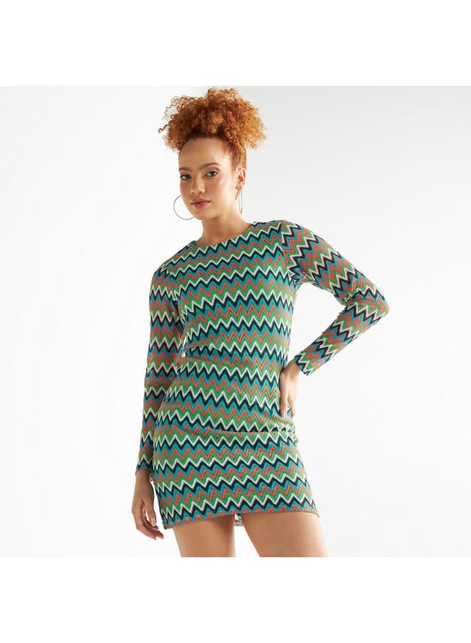 Splash FAV All-Over Chevron Textured Bodycon Mini Dress with Long Sleeves - Image 1