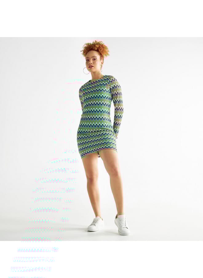 Splash FAV All-Over Chevron Textured Bodycon Mini Dress with Long Sleeves - Image 2