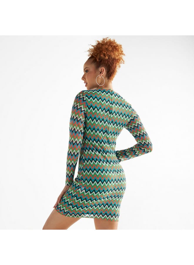 Splash FAV All-Over Chevron Textured Bodycon Mini Dress with Long Sleeves - Image 3