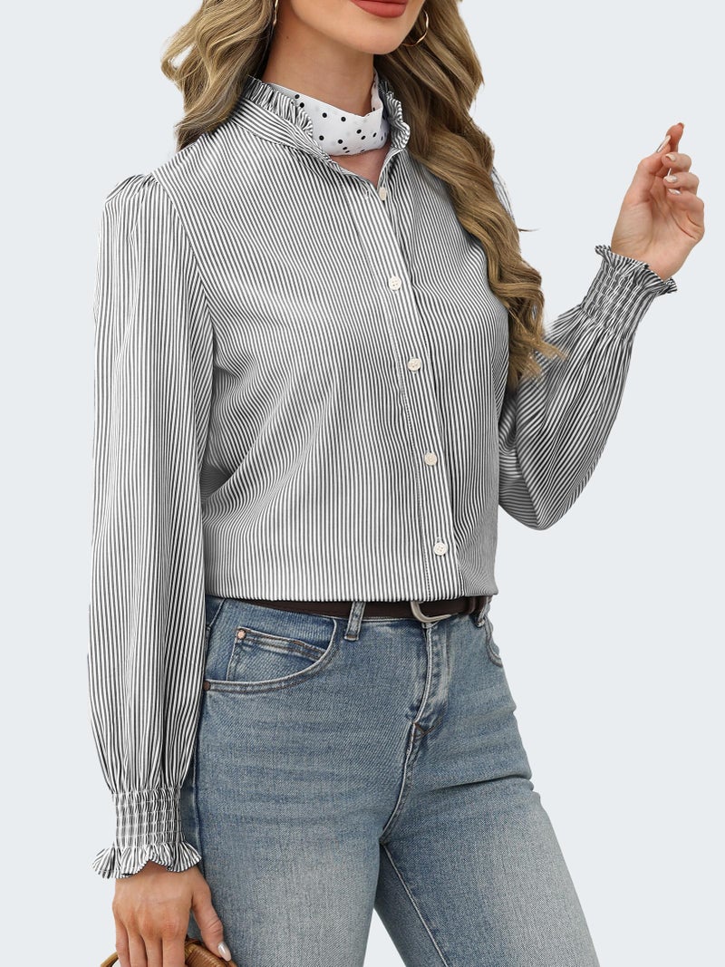 Funlingo Women's Striped Button Down Shirts Long Sleeve Smocked Cuffed Ruffle Collar Blouses 2026 Spring Work Business Casual Tops Black White L - Image 3