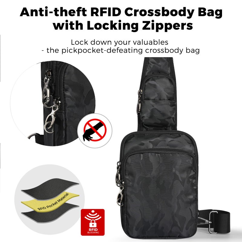 VADOO Sling Bag, Crossbody Bag with Zipper Lock, RFID Blocking & Water Resistant for Men and Women (Camouflage Black) - Image 3