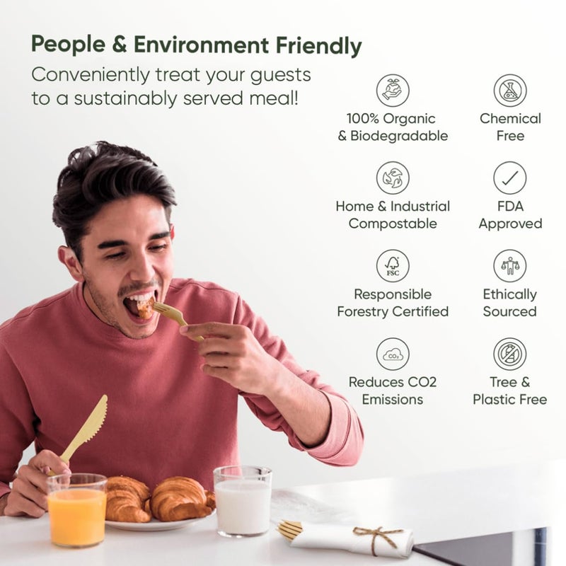 EcoPreps Premium Pre-Rolled Napkin and Bamboo Cutlery Set (100 Pack  400 PCS) 100% Biodegradable  Eco-Friendly  Disposable Wrapped Cutlery - Includes Pre-Wrapped Bamboo Forks  Knives  Spoons  Napkins - Image 4