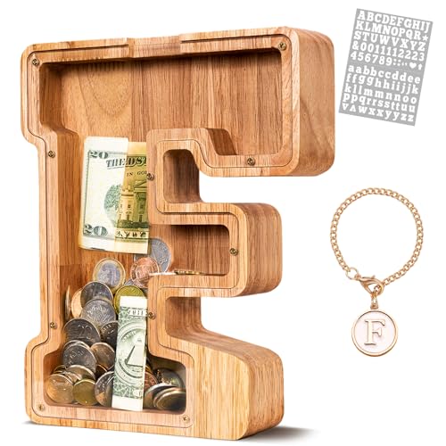 KMC Wooden Letter Piggy Bank Personalized Initial Piggy Bank for Kids Boys Clear Alphabet F Wood Money Box Unbreakable Coin Saving Jar Birthday for Children - Image 1