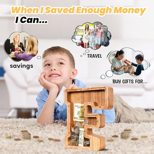 KMC Wooden Letter Piggy Bank Personalized Initial Piggy Bank for Kids Boys Clear Alphabet F Wood Money Box Unbreakable Coin Saving Jar Birthday for Children - Image 5