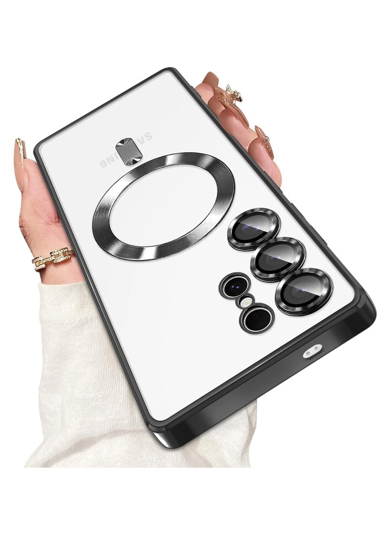 سامسونج اس 25 الترا جراب حماية مغناطيسي شفاف ضد الصدمات يدعم الشحن اللاسلكي ماجسيف لا يصفر مزود ب عدسات حماية للكاميرا لهاتف samsung s25 ultra - لون اسود - Image 1