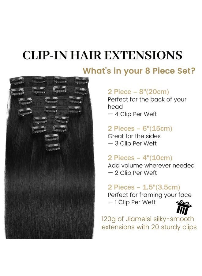 JIAMEISI Clip In Hair Extensions Real Human Hair,120g 8pcs Thickened Silky Straight Human Hair Clip In Extensions 18inch #1 Jet Black Double Weft Clip In Real Hair Extensions - Image 2