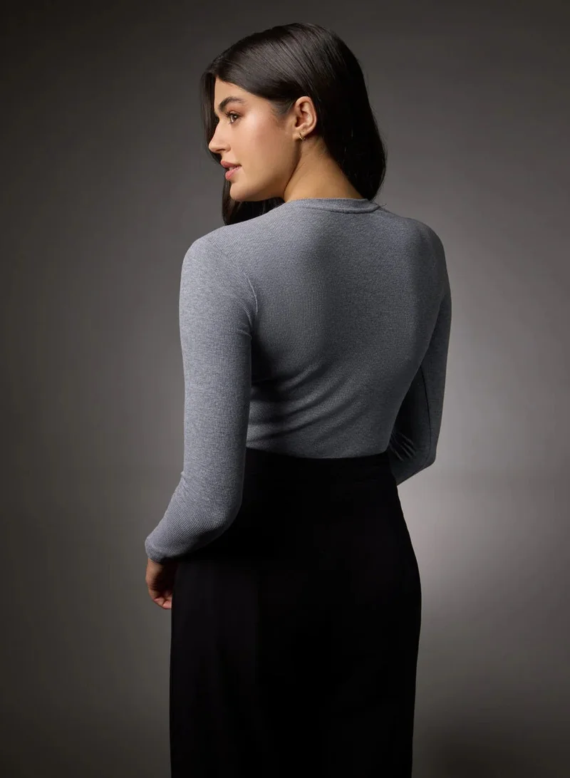 Zigzag Long Sleeve Round Neck Rib Top- Light Grey