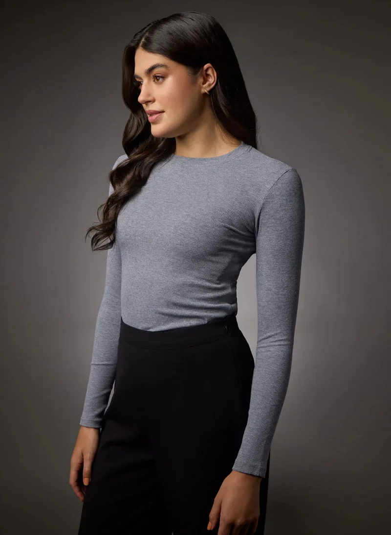Zigzag Long Sleeve Round Neck Rib Top- Light Grey