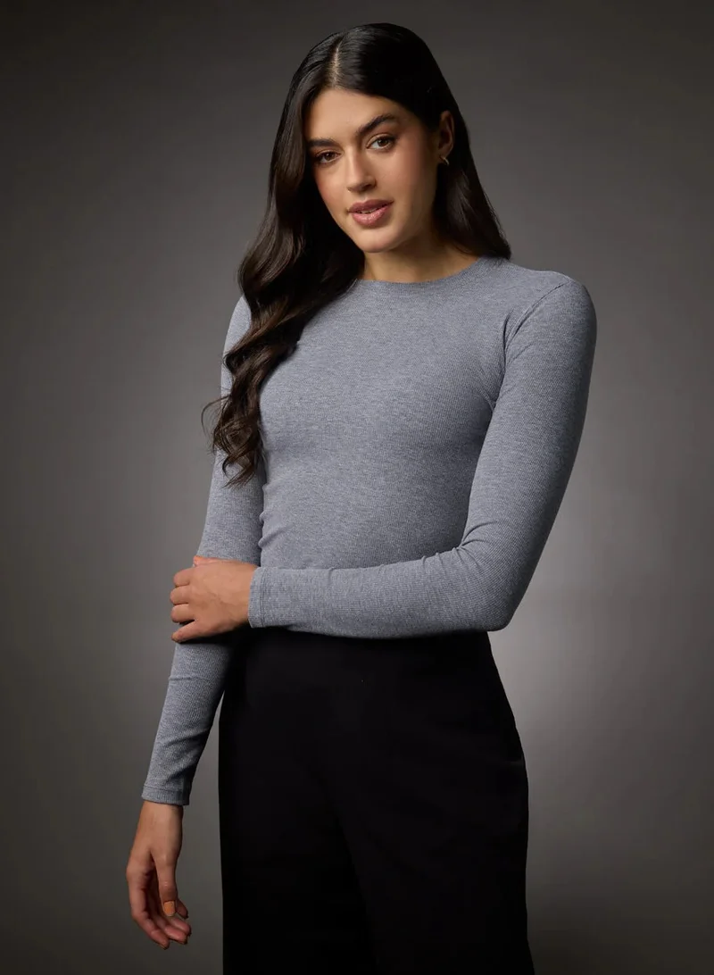 Zigzag Long Sleeve Round Neck Rib Top- Light Grey