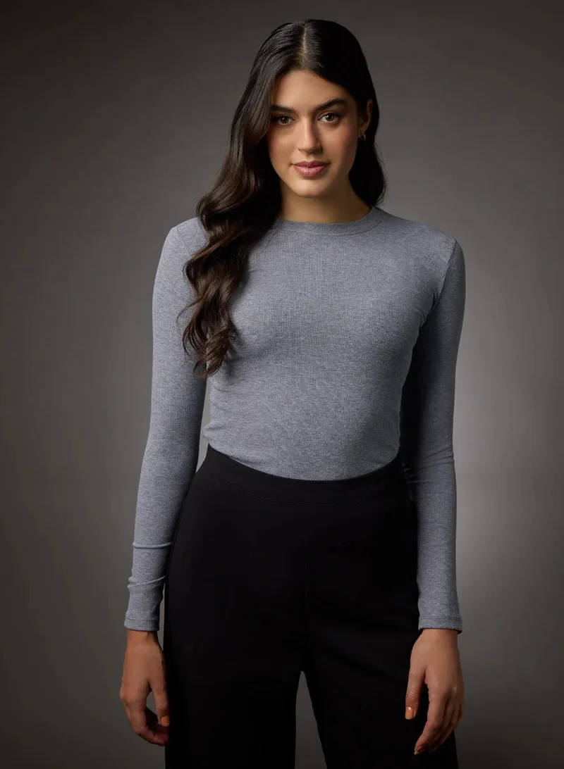 Zigzag Long Sleeve Round Neck Rib Top- Light Grey